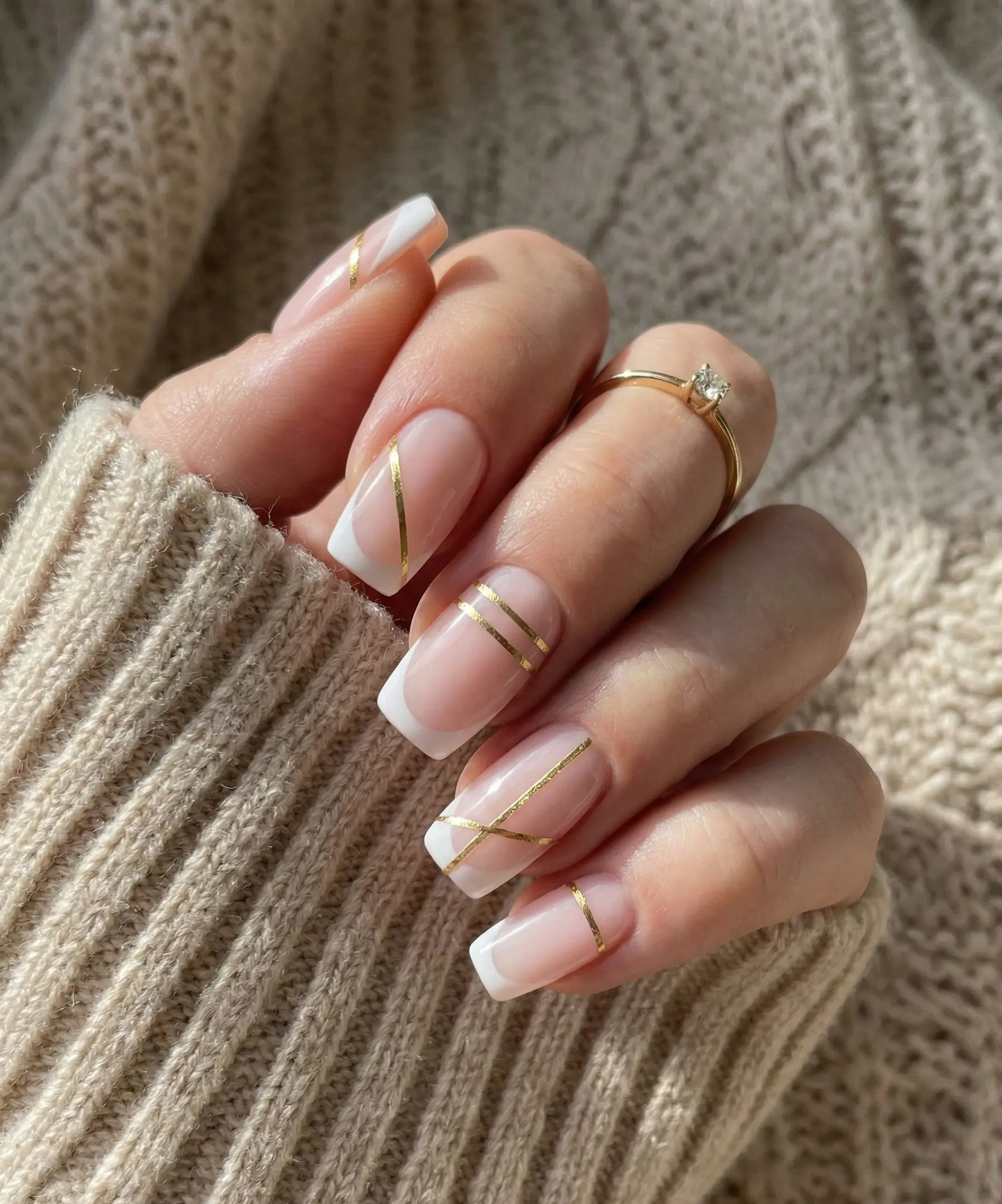 Elegant White French Tip Square Nails With Geometric Gold Striping Tape Details