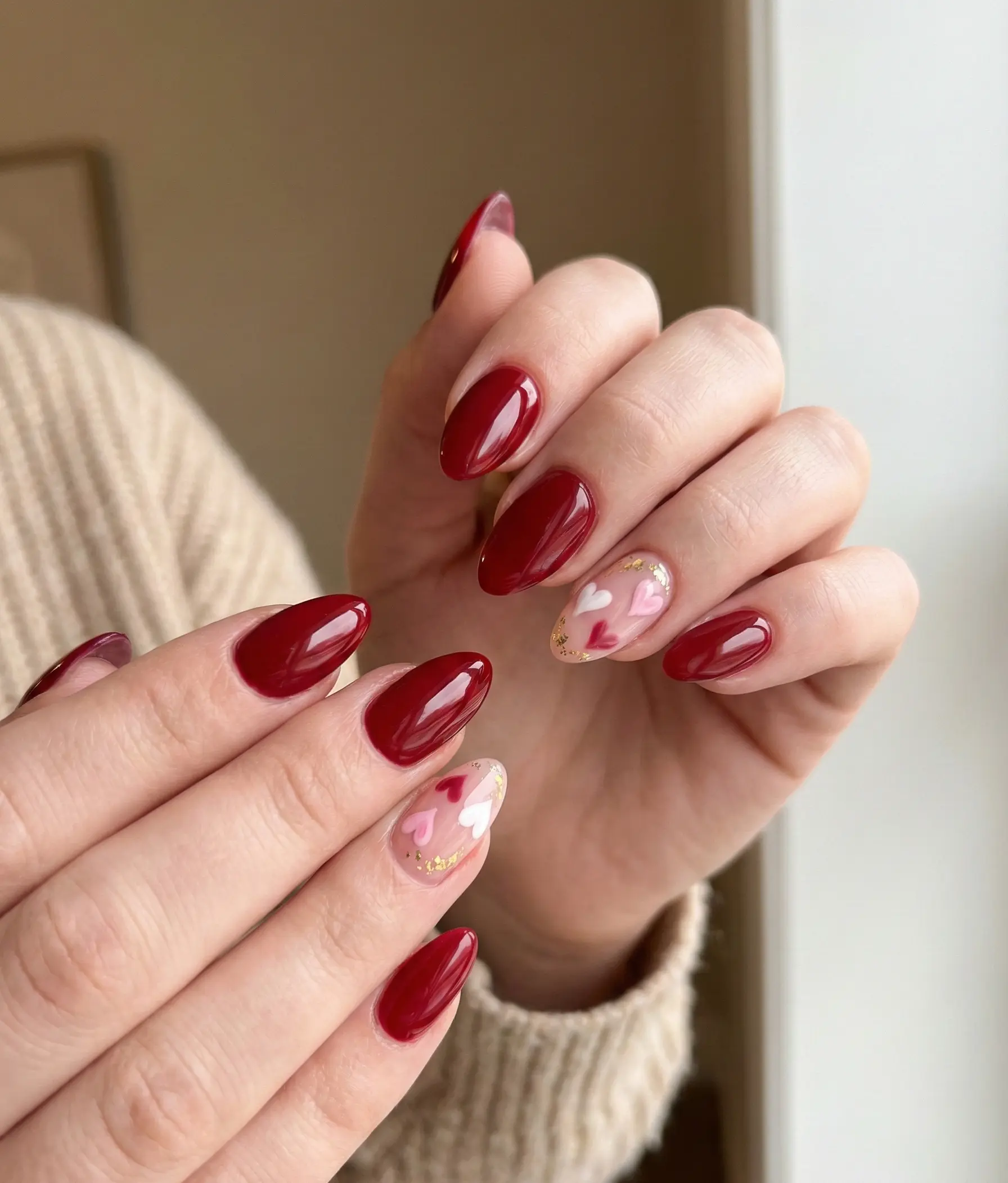 Classic Deep Red Almond Manicure With Heart Accent Nail For Valentine Date Night