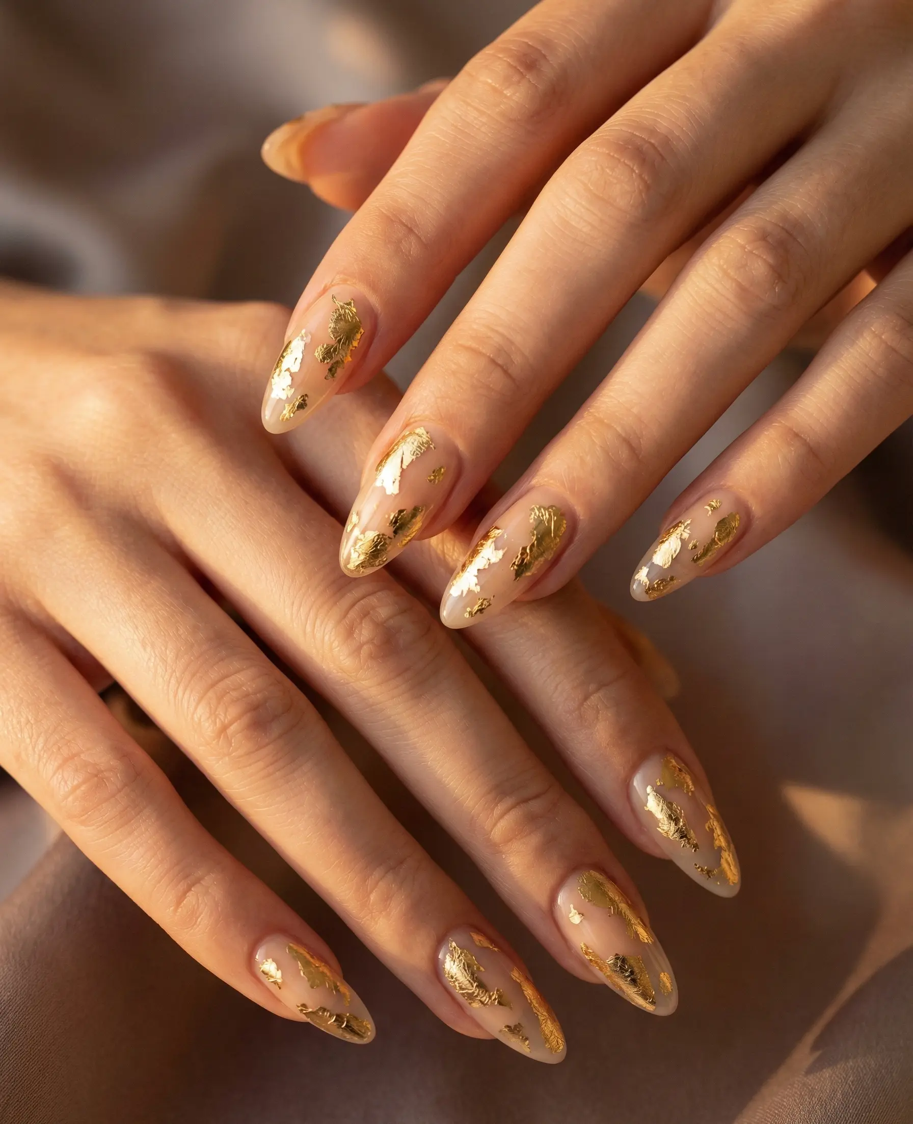 Elegant Sheer Nude Almond Nails With Organic Gold Foil Flakes For A Luxury Aesthetic