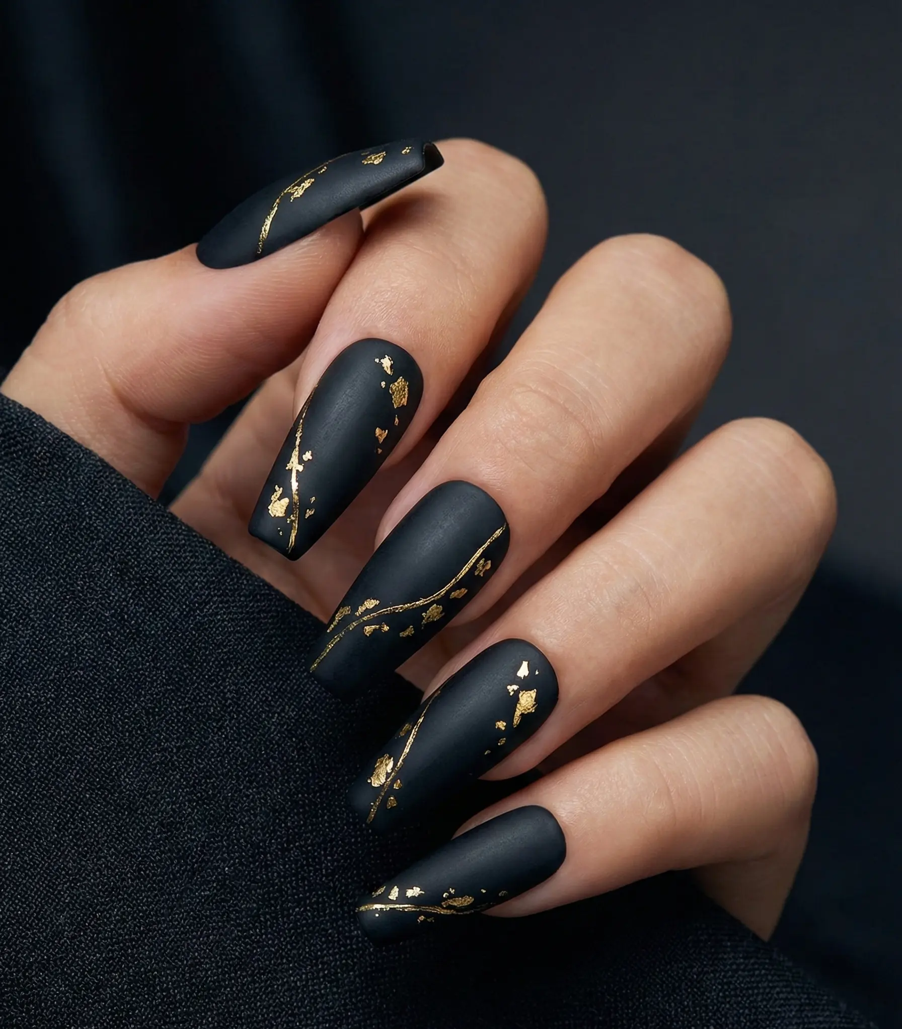 Matte Black Coffin Nails With Gold Foil Accents For Evening Glamour