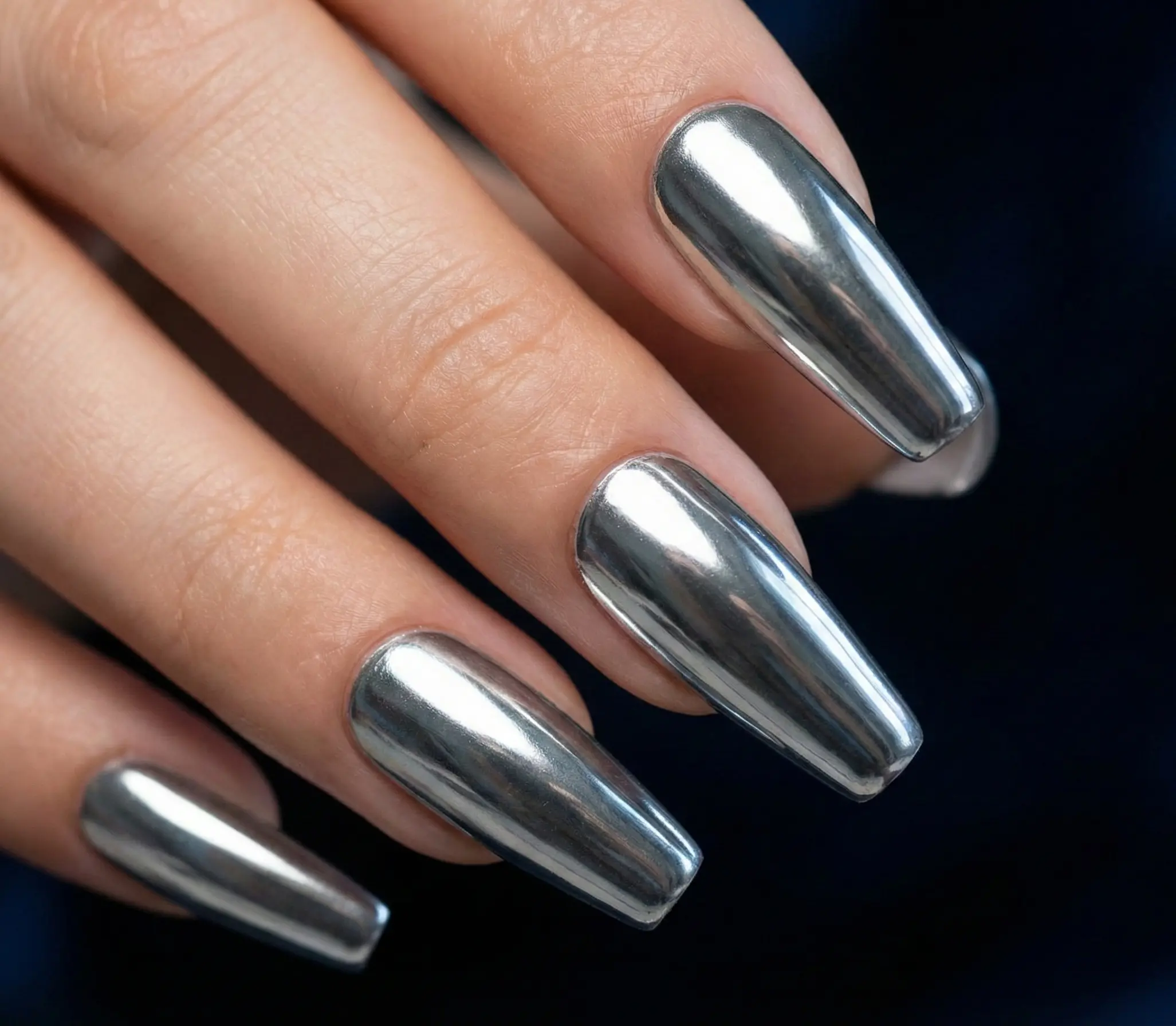Ultra Reflective Liquid Metal Silver Chrome Manicure On Long Coffin Nails  
