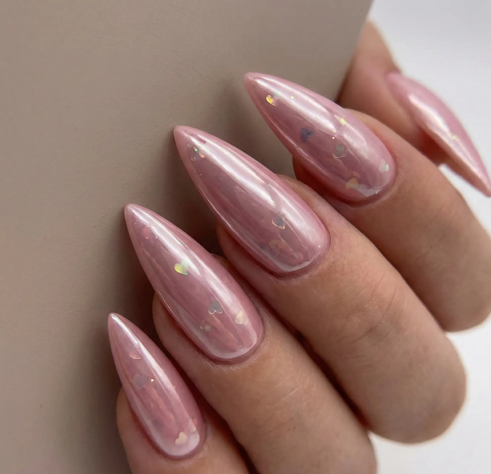Dreamy Pink Chrome Glazed Nails With Holographic Hearts For Valentine Day
