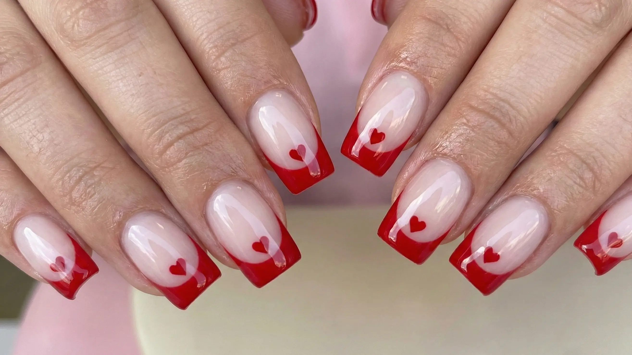 Cute Red French Tip Square Nails With Hidden Mini Hearts For Valentine