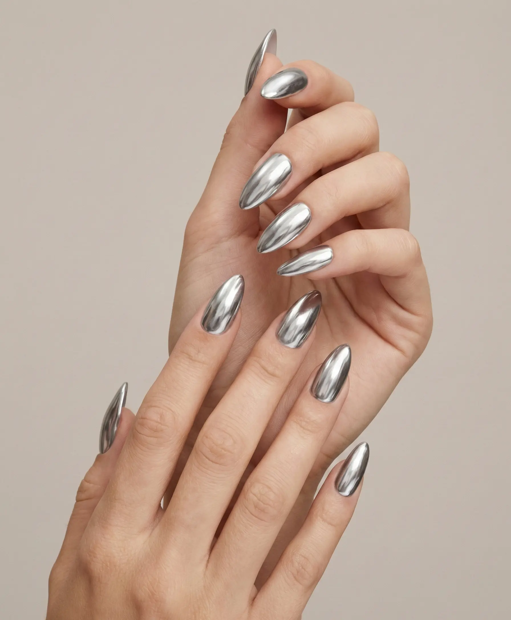 Seamless Liquid Mercury Silver Chrome On Long Almond Nails
